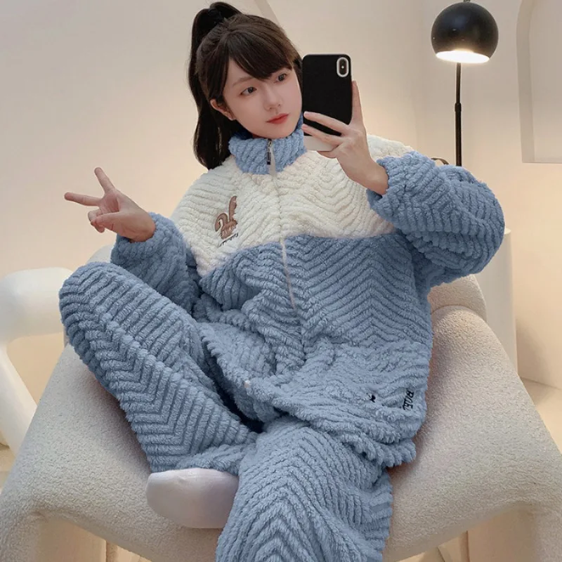 Plus Size Pajamas Women Winter Coral Fleece Nightwear Thickened Flannel Autumn Loungewear Warm Sleepwear Outfit Home Clothes