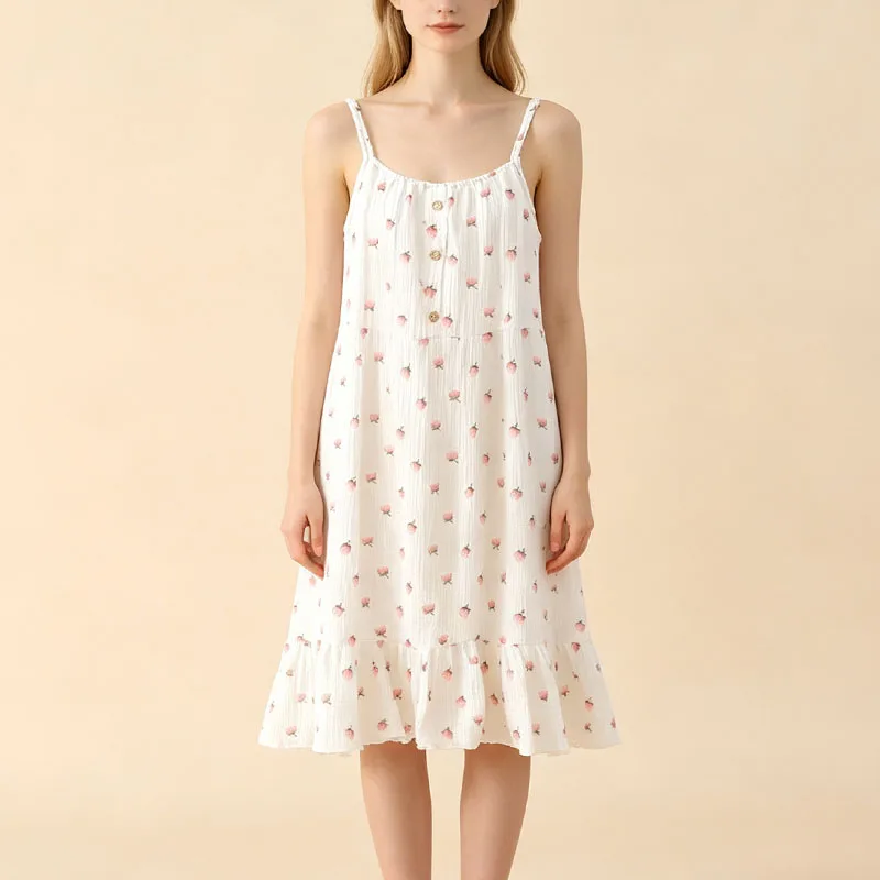 Summer Women Cotton Gauze Sleep Dress with Chest Pad Lady Loose Comfortable Nightdress Suspenders Sleepwear Casual Home Clothes