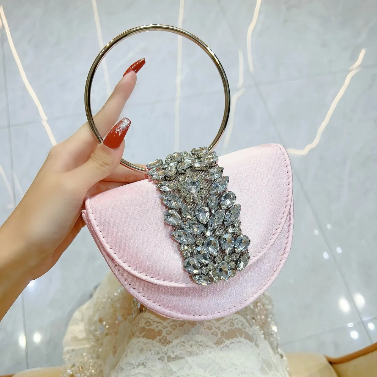 

Women Handbag Luxury Fashion Satin Half Moon Bag Crystal Rhinestone Diamond Evening Bag Wedding Party Clutch Purse Crossbody Bag