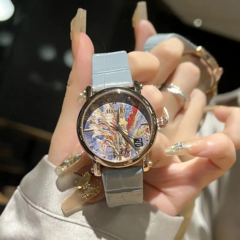 Vangogh Meisjes Quartz Horloge 3d Geprint Olieverfschilderij Oppervlak Koeienhuid Riem