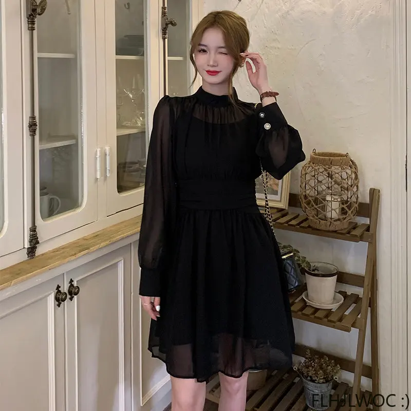 2023 New Chic Elegant Annual Meeting Black Mesh Sheer Dress Fashion Women Stand Collar French Design Long Dresses Vestidos