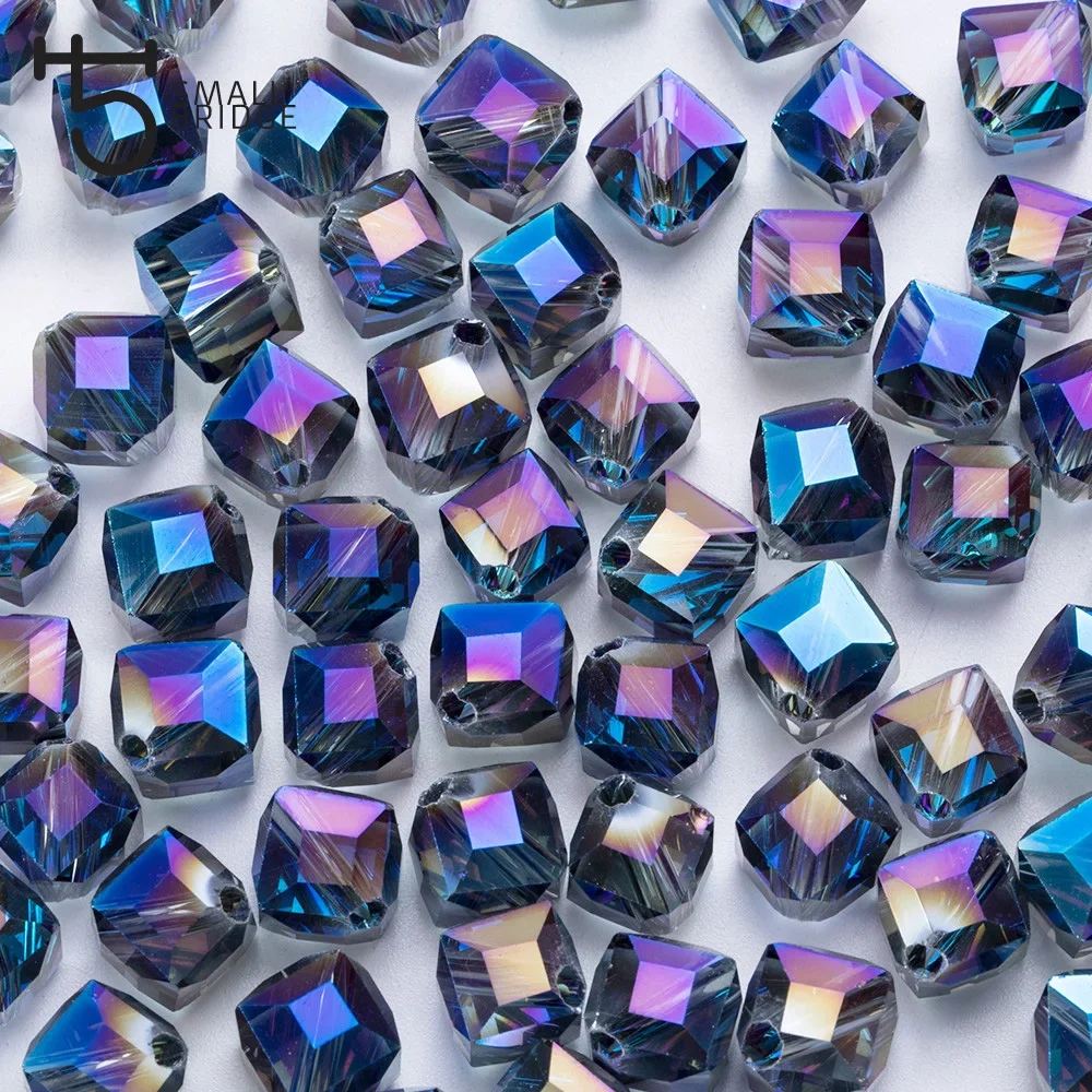 10mm Austria Diagonal Hole Cube Square Beads for Bracelet Making Women Diy Accessories Blue Glass Crystal Beads Wholesale X302