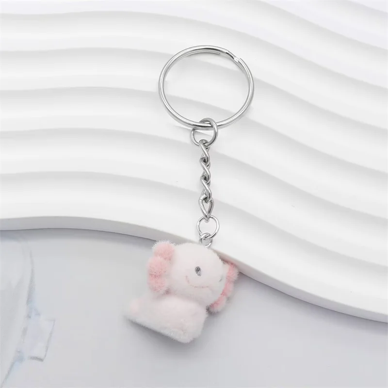 Cute 3D Flocking Axolotl Keychain Flocked Pink axolotl Couple Mobile PhonePendant Car Keyring Earphone Backpack Charms Bag Decor