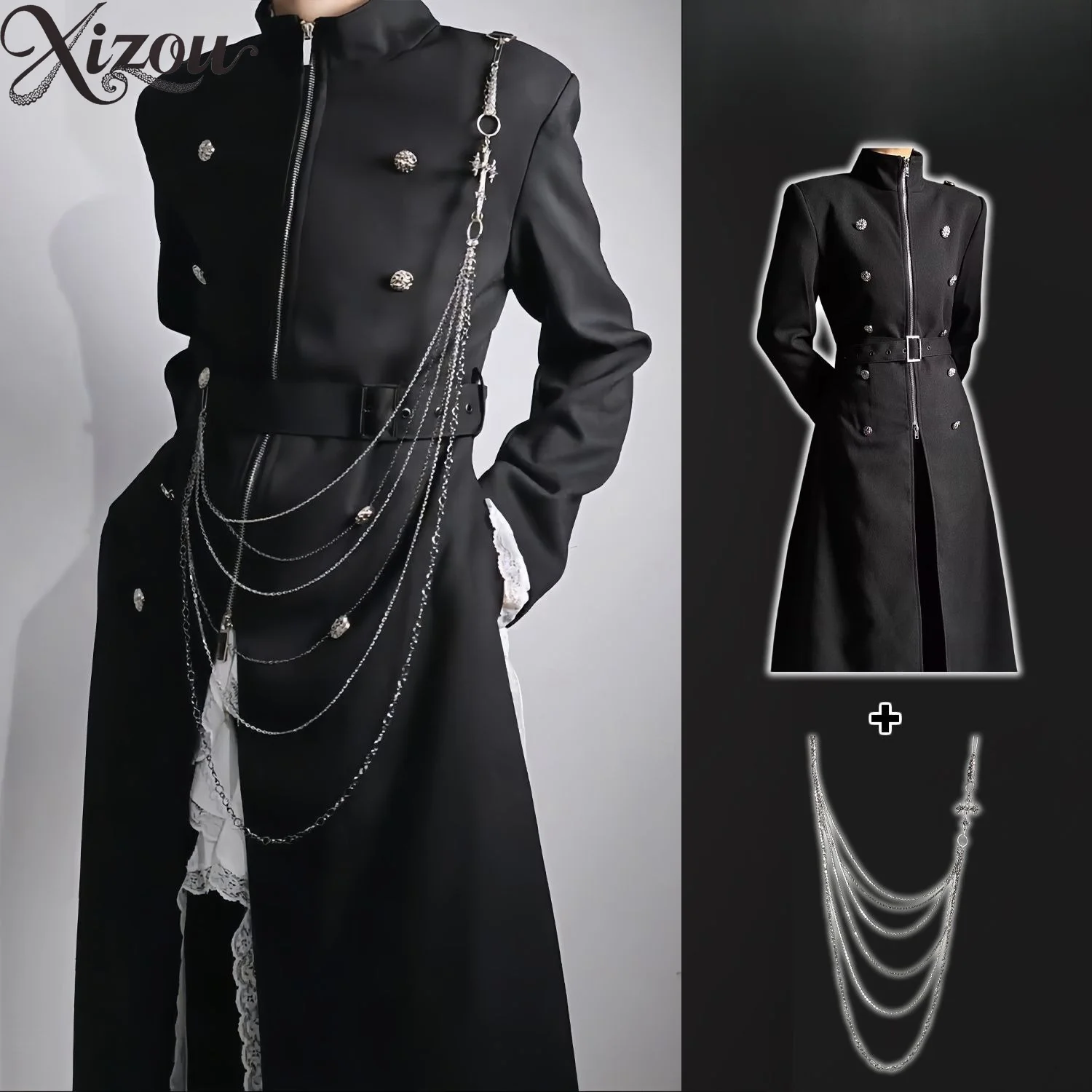 Unisex Dunkler Gothic Stehkragen Langer Mantel Doppelreihig mit Spitze und Metallkette Schlanker Prinz-Lolita-Windbreaker für Frühling und Herbst