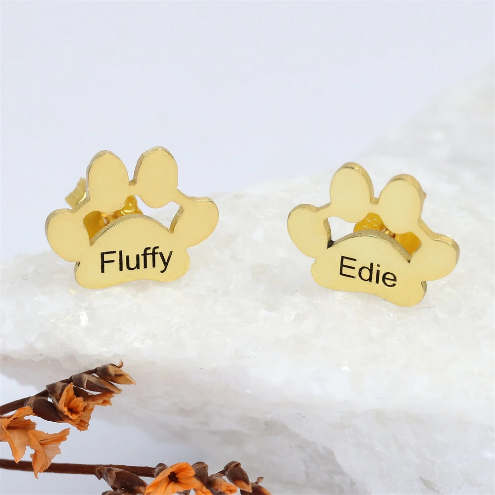 Engraved Paw Print Name Earrings Gift for Pet Lovers Pet Remembrance Custom Dog Cat Name Studs Earrings Women Jewelry Christmas