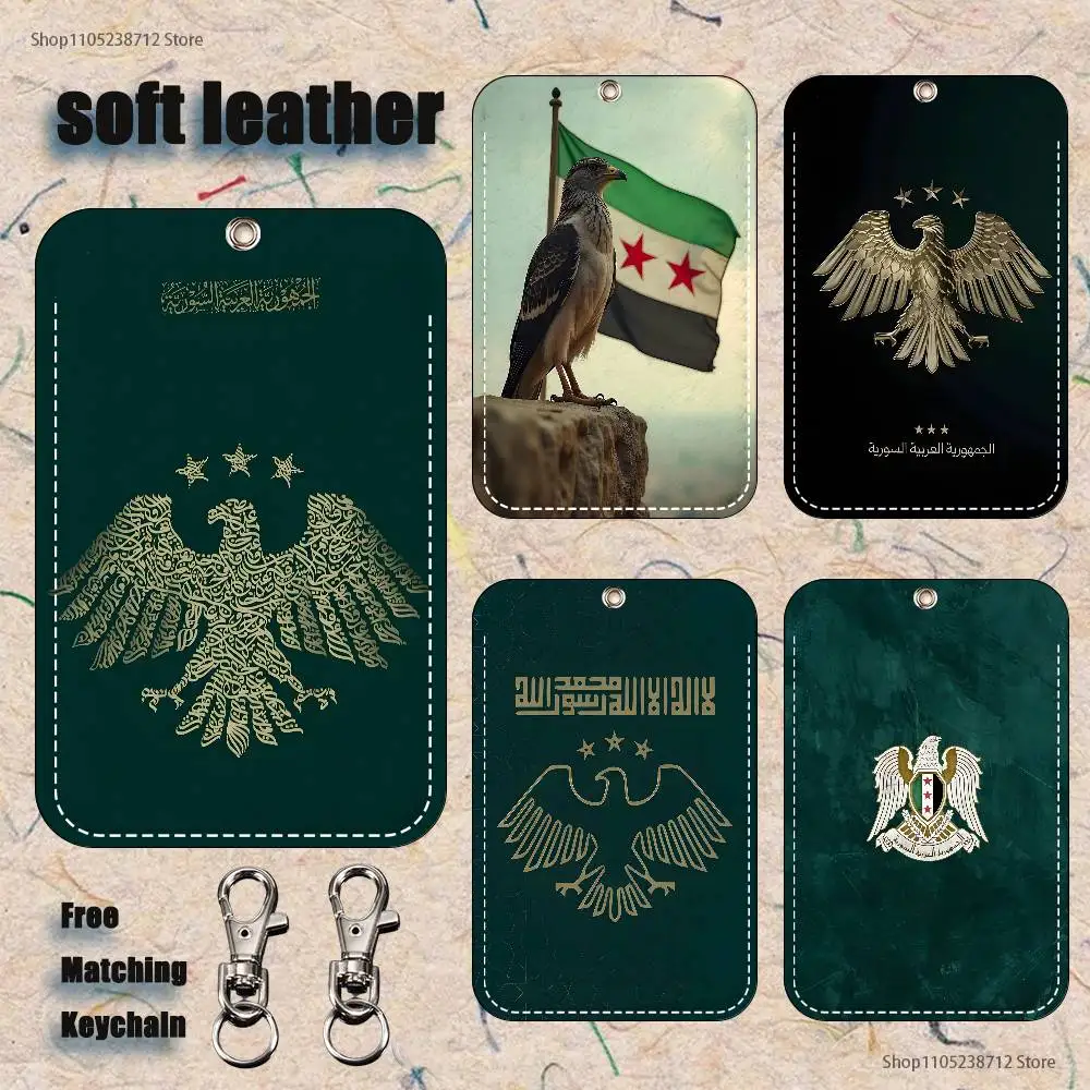 

Flag Eagle Syrian Pattern 1Pc PU Leather Card Holder Keychain Key Ring Door Lock Access Tags ID Card Case Keychain Card