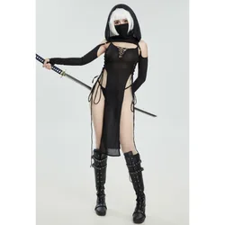 Meowcos-ropa de dormir Sexy para mujer, lencería de estilo Ninja, disfraz de Cosplay, vestido de noche con tirantes, vestido negro con abertura de encaje y Top con capucha