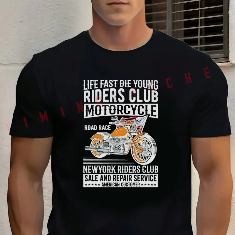 

Life Fast Die Young Riders Club Motorcycle T-Shirt Men‘s Cotton Summer Short-sleeved Casual Streetwear Tops Tee