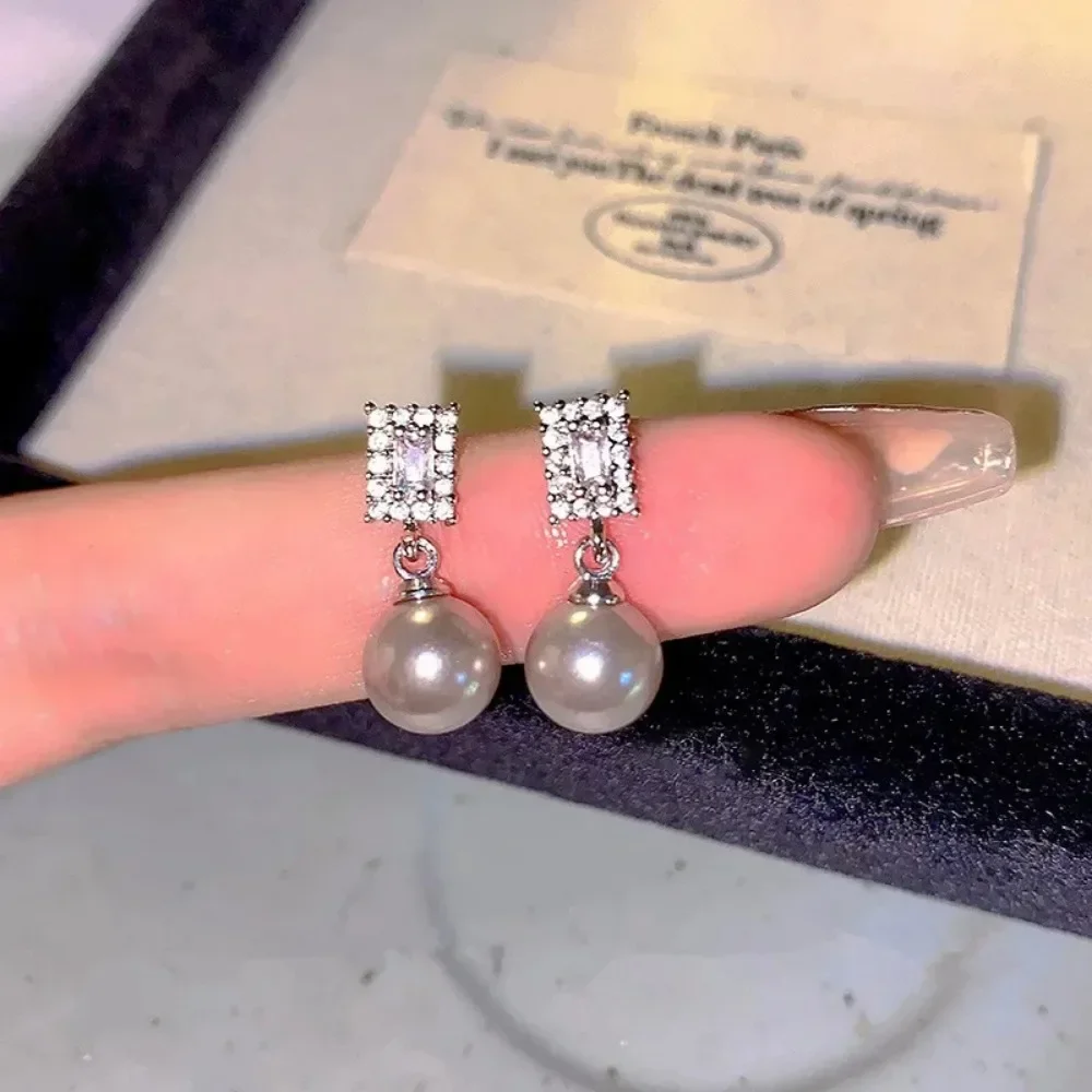 Pendientes con colgante de perla gris cuadrada de circón con incrustaciones para mujer, accesorios diarios personalizados a la moda, joyería de fiesta, regalos de cumpleaños