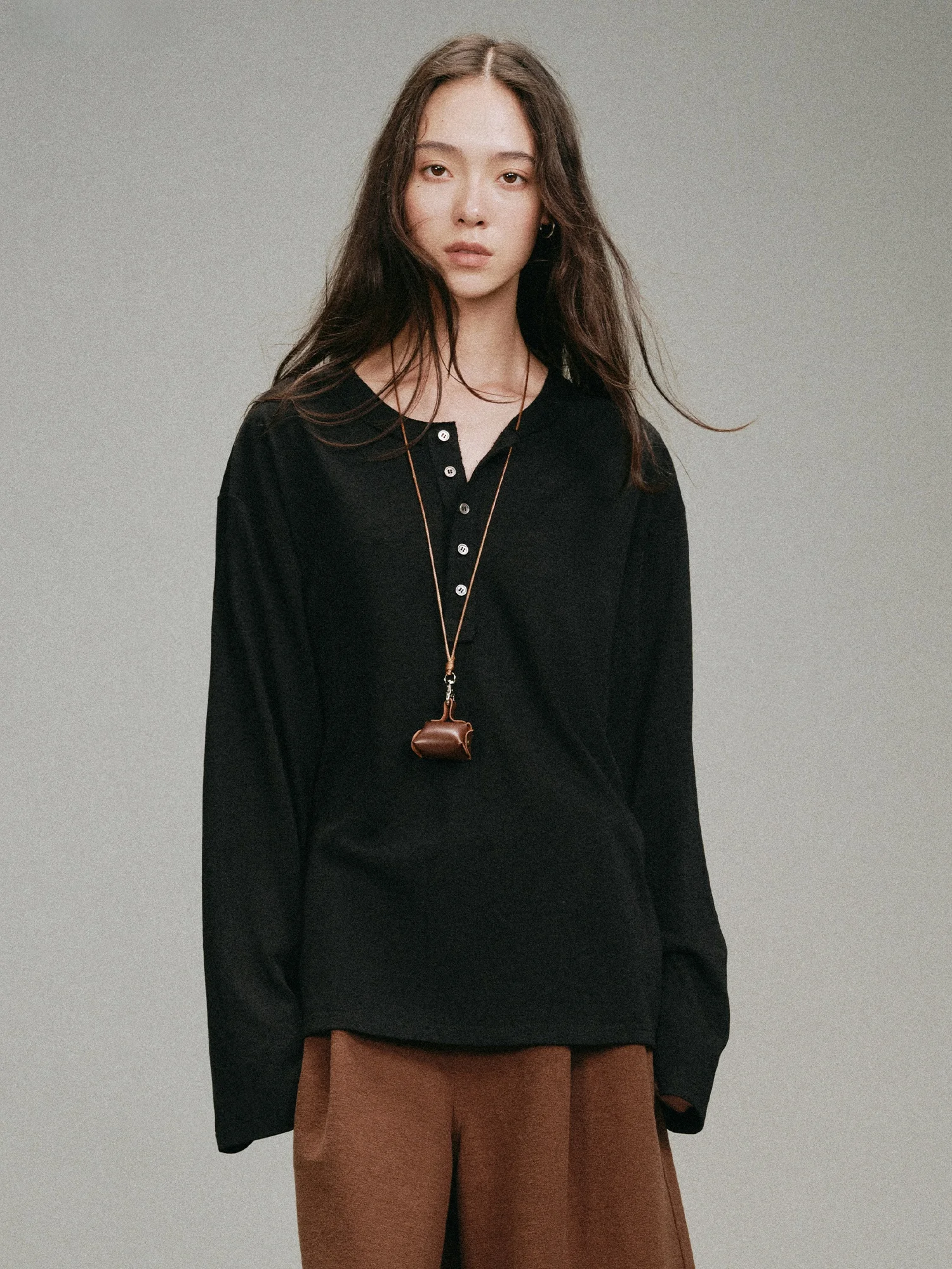 

Soft Comfortable Long Sve Knitted Base Layer Loose T-irt Henry Collar Top Casual Sle Women's Faion Loose Fit Tees