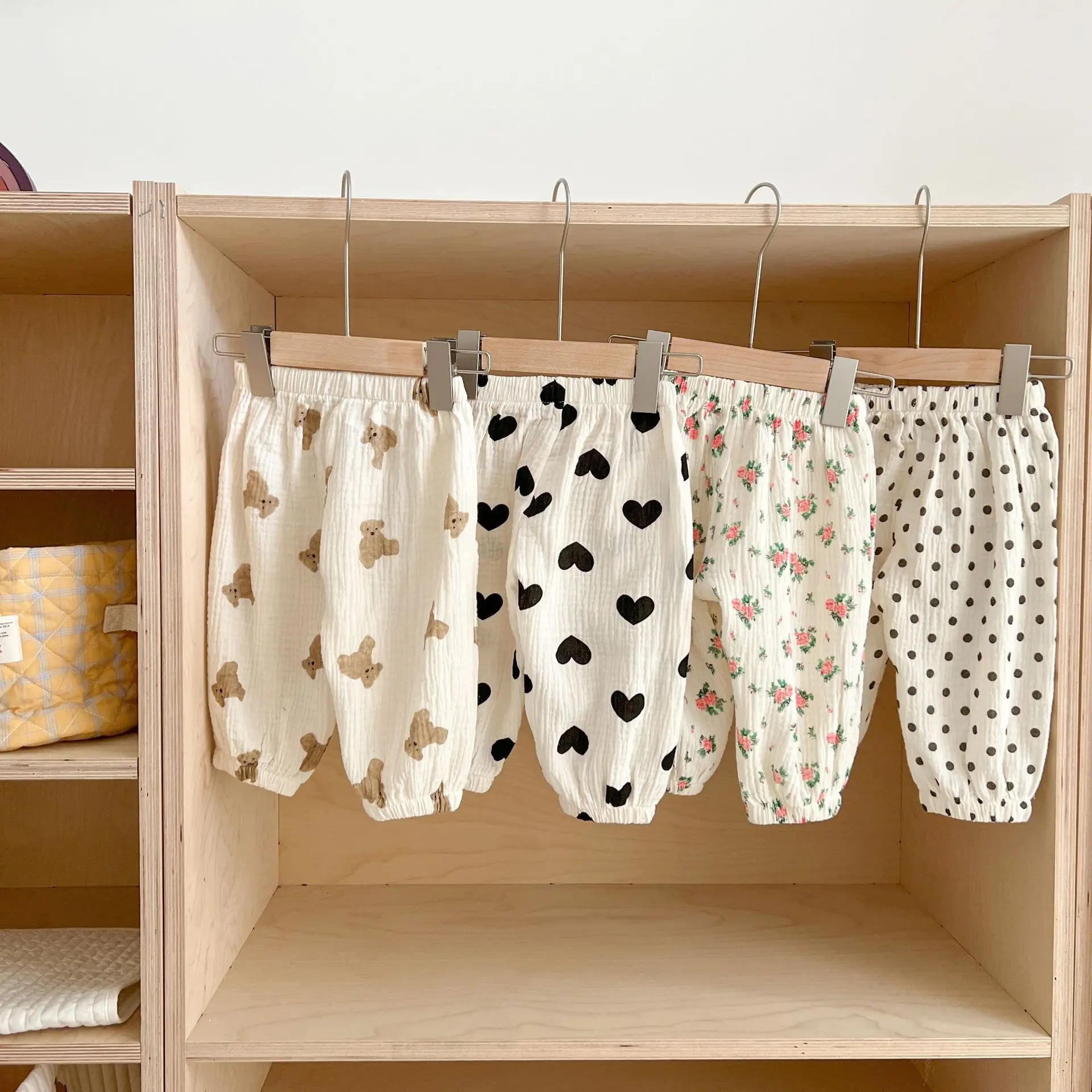 Summer Infant Baby Girls Cartoon  Pants Printing Flower Heart-Shaped Trousers Muslin Ventilate Loose Trousers Baby Clothing