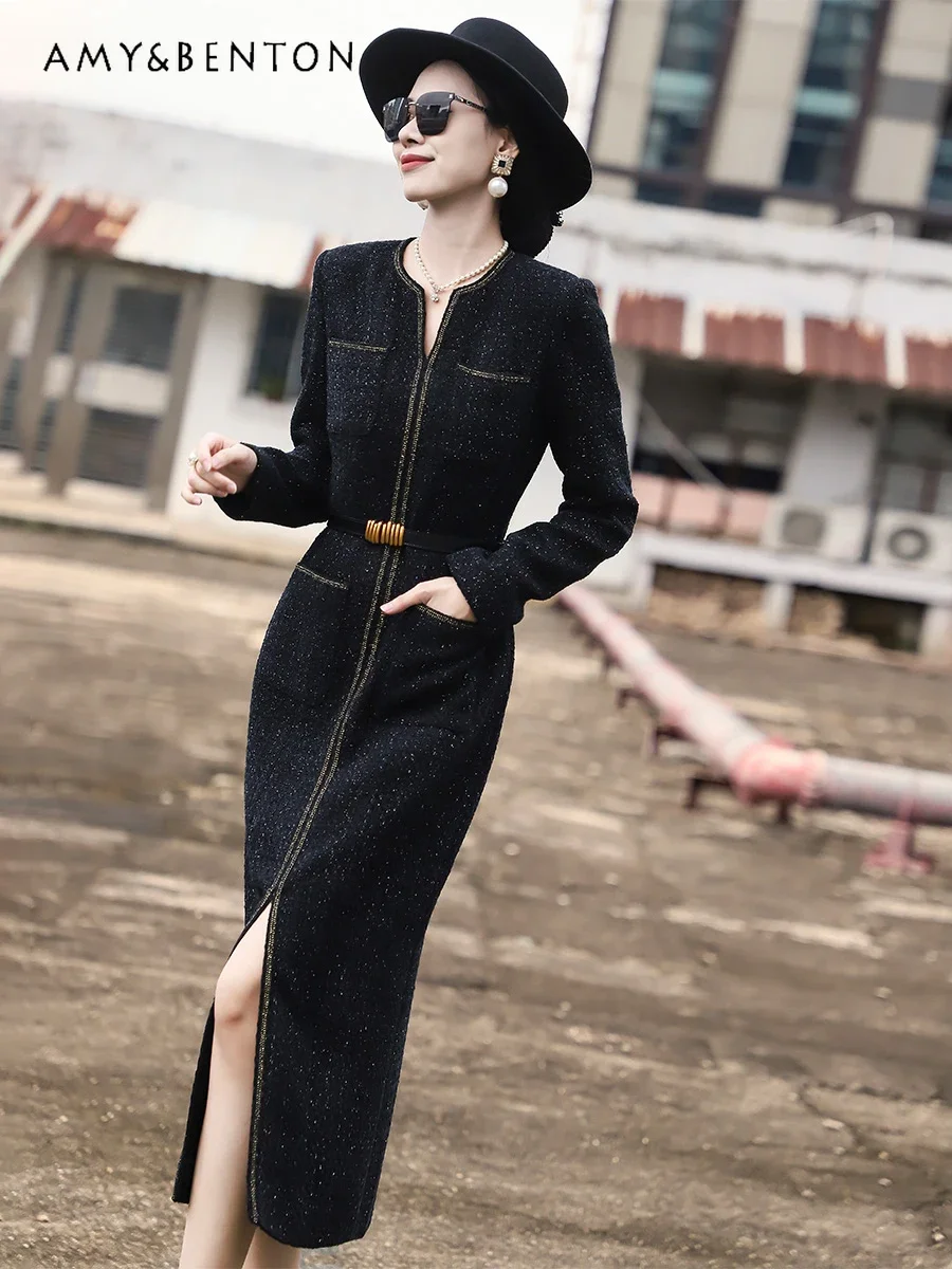 2024 Winter New Temperament High End Slim Black Tweed Hip Dress for Women Graceful Socialite V Neck Split Mid-length Dresses image 3