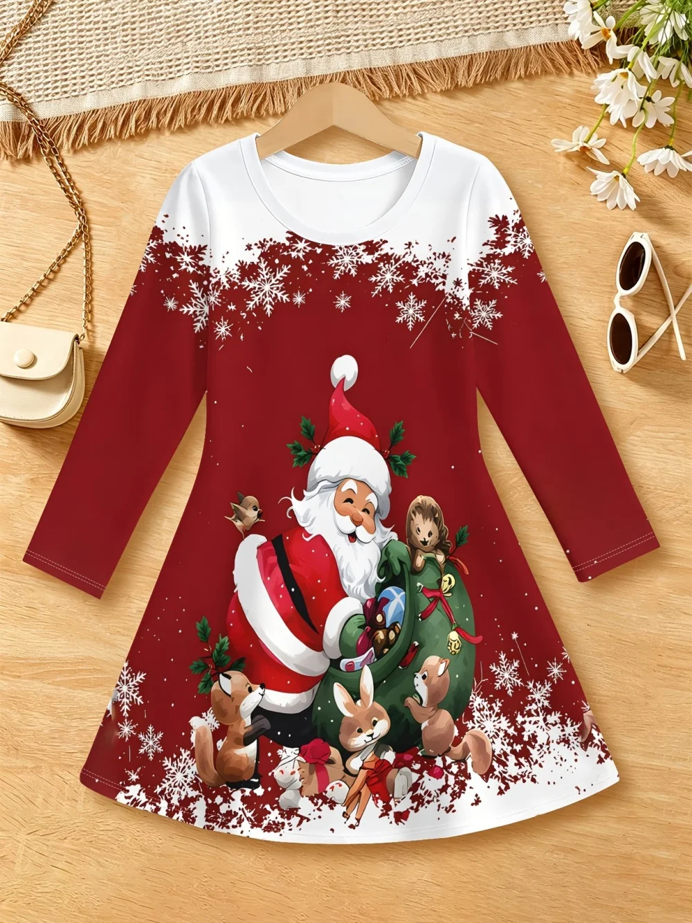 Kids Dress Christmas Tree Snowflake Print Round Neck Casual Comfortable Autumn Winter Long Sleeve Dress Gift Children's Clothing