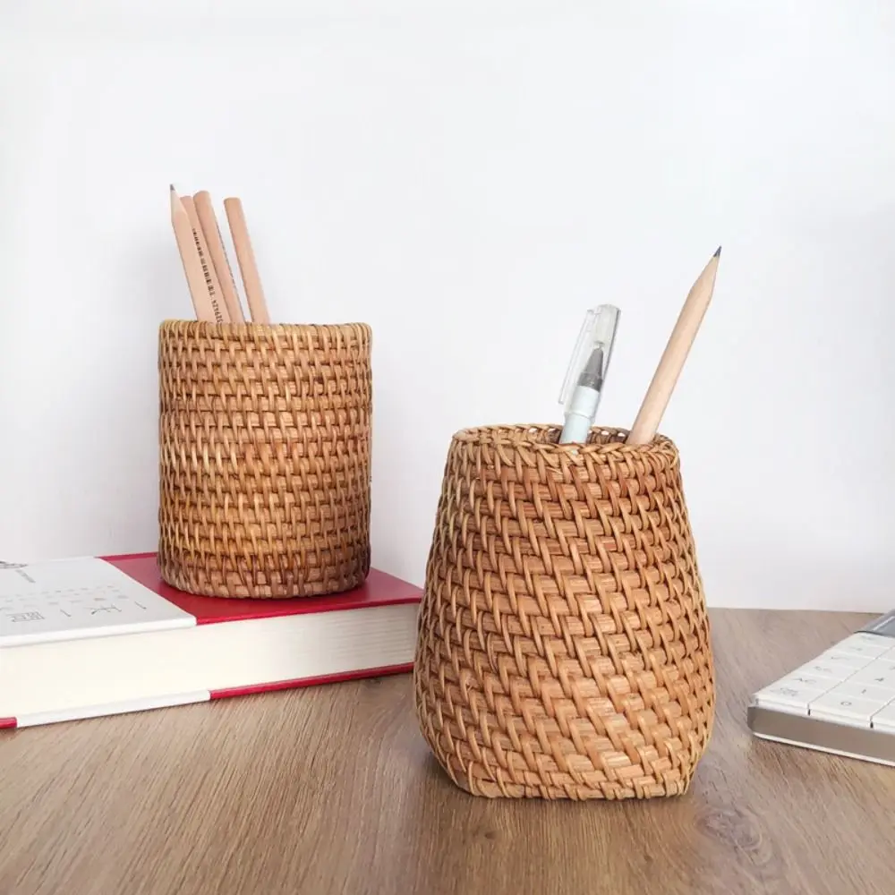 Handmade Rattan Pencil Holder Home Decoration Sundries Storage Basket Tableware Storage Household Pen Container Student Gifts