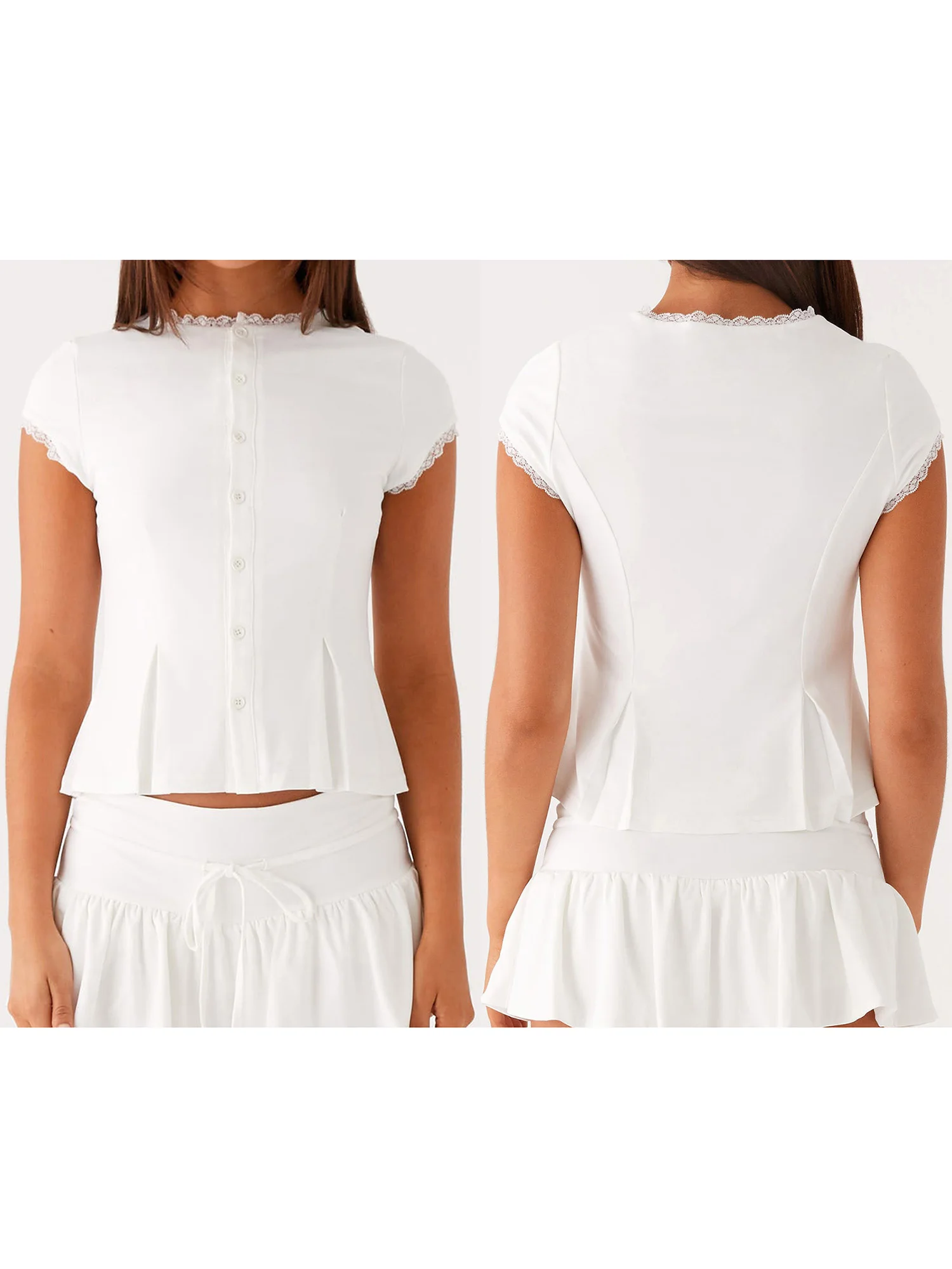 Elegante Bluse aus floraler Spitze mit Rüschen, Flügelärmeln und Knopfleiste vorne – stilvolles Hemd mit Rundhalsausschnitt für Damen