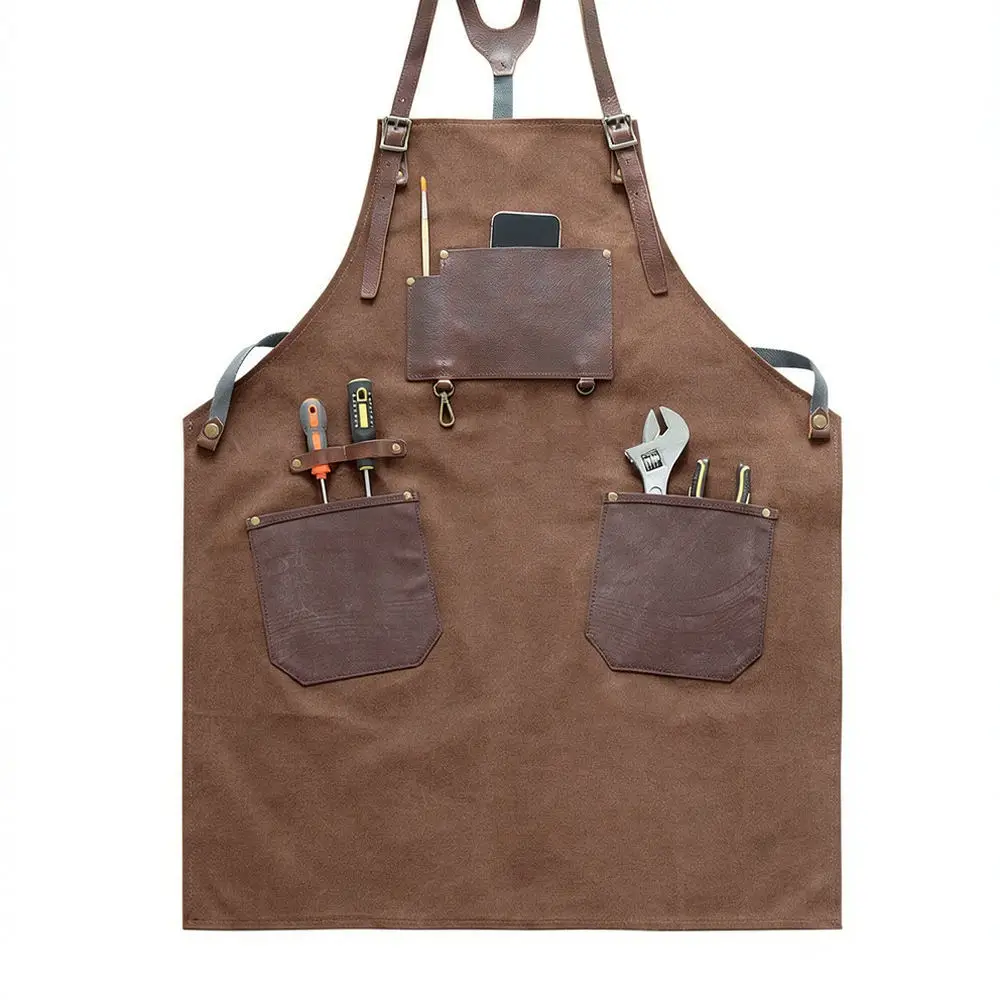 Heavy Duty Canvas Apron With PU Leather Pockets Tool Storage Workwear For Carpentry Woodworking Crafting Kitchen Cooking