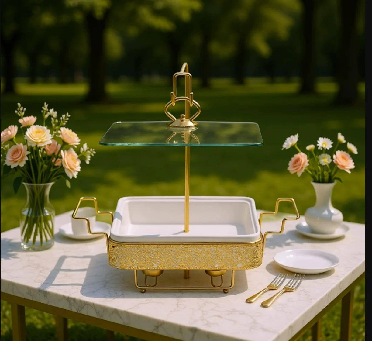 Light Luxury Iron Frame Ceramic Buffet Grill Hotel Restaurant Dish Self-Heating Alcohol Stove Home Glass Cover Alcohol Pot