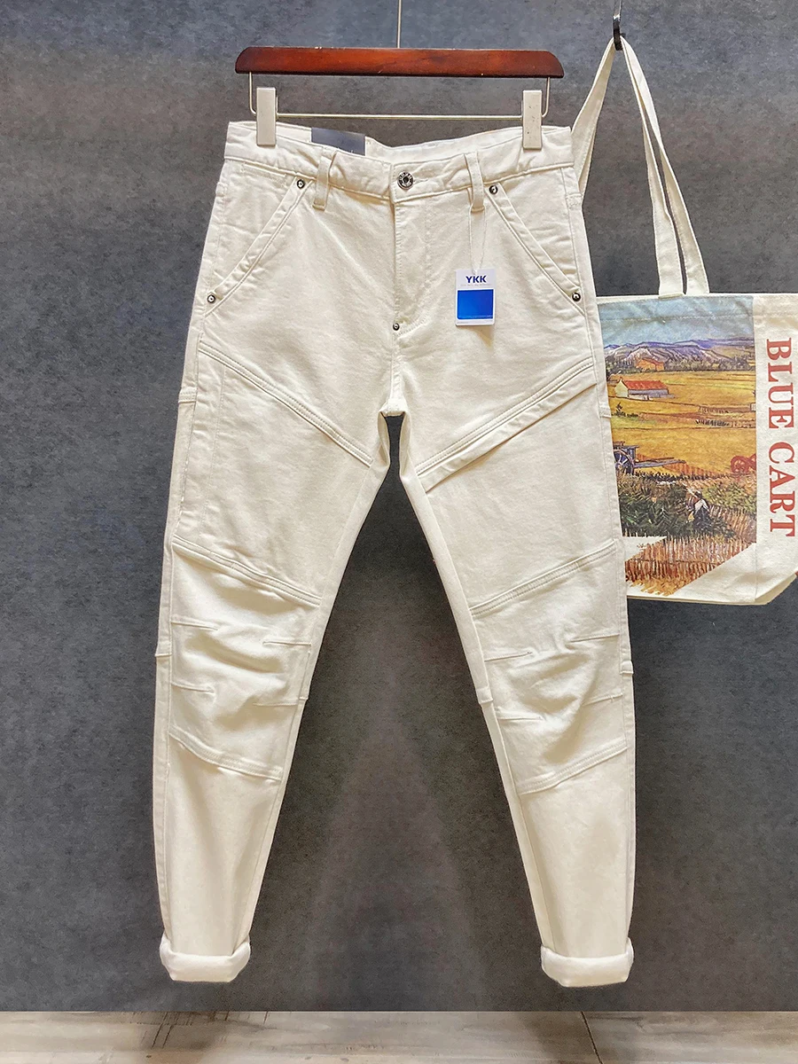 

High Waist Slim Fit Men's Denim Jeans Autumn Winter Multi Pocket Patchwork Style Fashionable City Casual Cotton Stretch Jeans