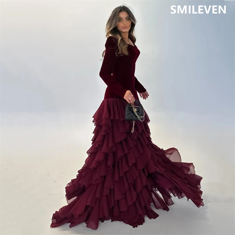 

Smileven Burgundy A-line Tulle Prom Dress Sexy Long Sleeves Evening Gowns Backless Cocktail Party Dresses Customized Gift 2025