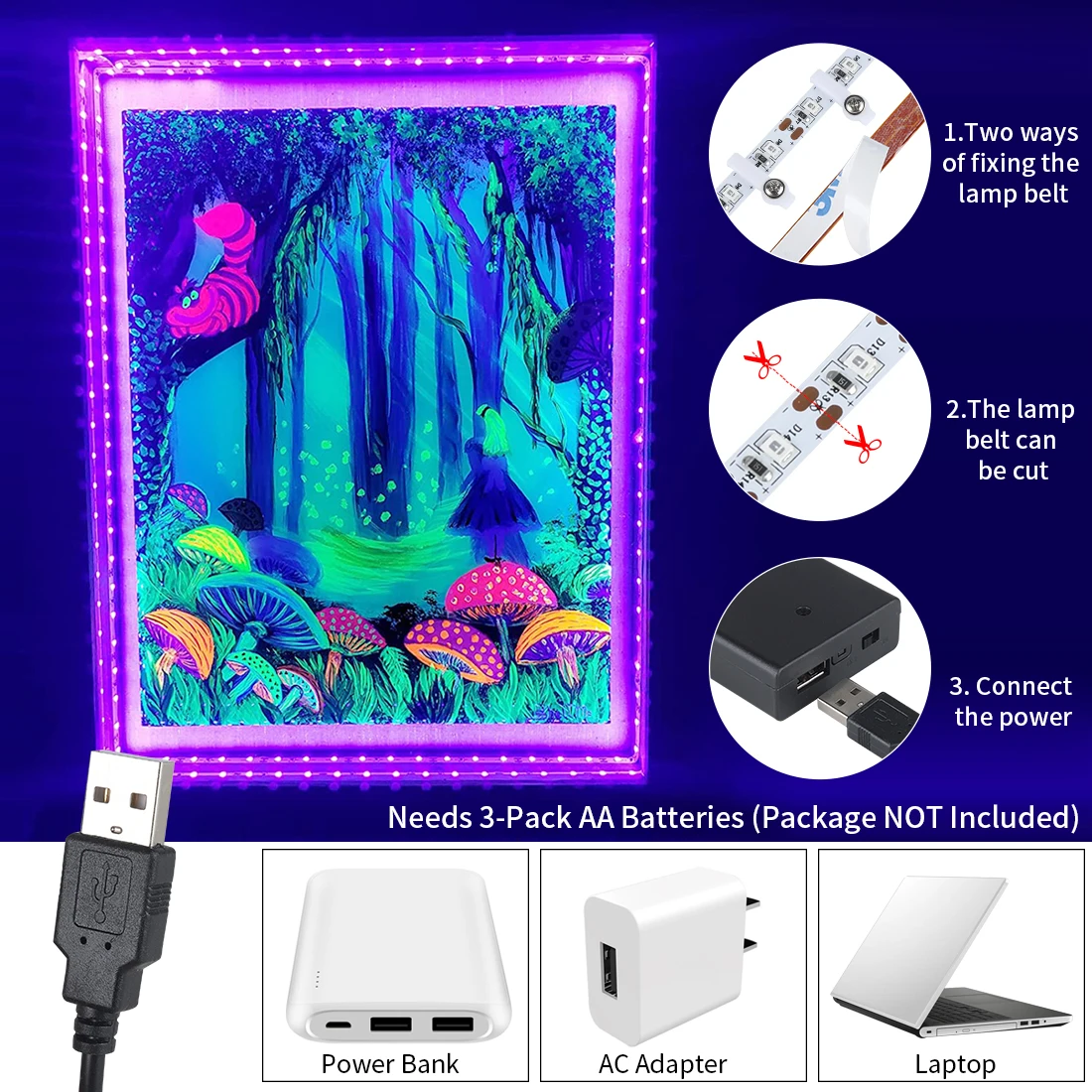 หลอดไฟยูวี USB 2.5 M 10W พร้อมไฟ LED 395NM แสงสีดำสำหรับงานเลี้ยงเรืองแสงในที่มืดของตกแต่งวันเกิดวันฮาโลวีน