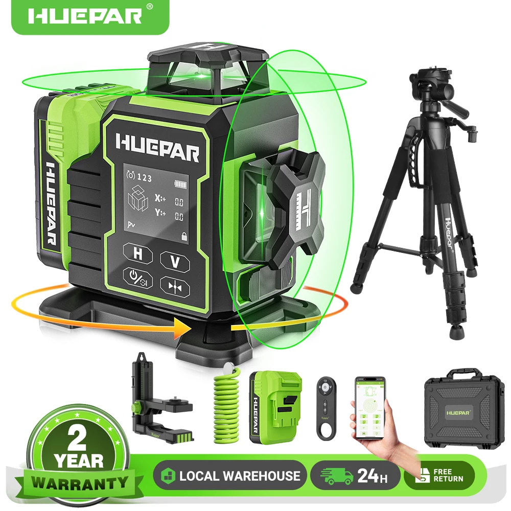 Huepar 3D 12-Linien W03 Laser-Nivelliergerät mit Stativ Selbstnivellierend 360° ° Bluetooth-gesteuerte elektrische Drehbasis mit LCD-Bildschirm und Fernbedienung