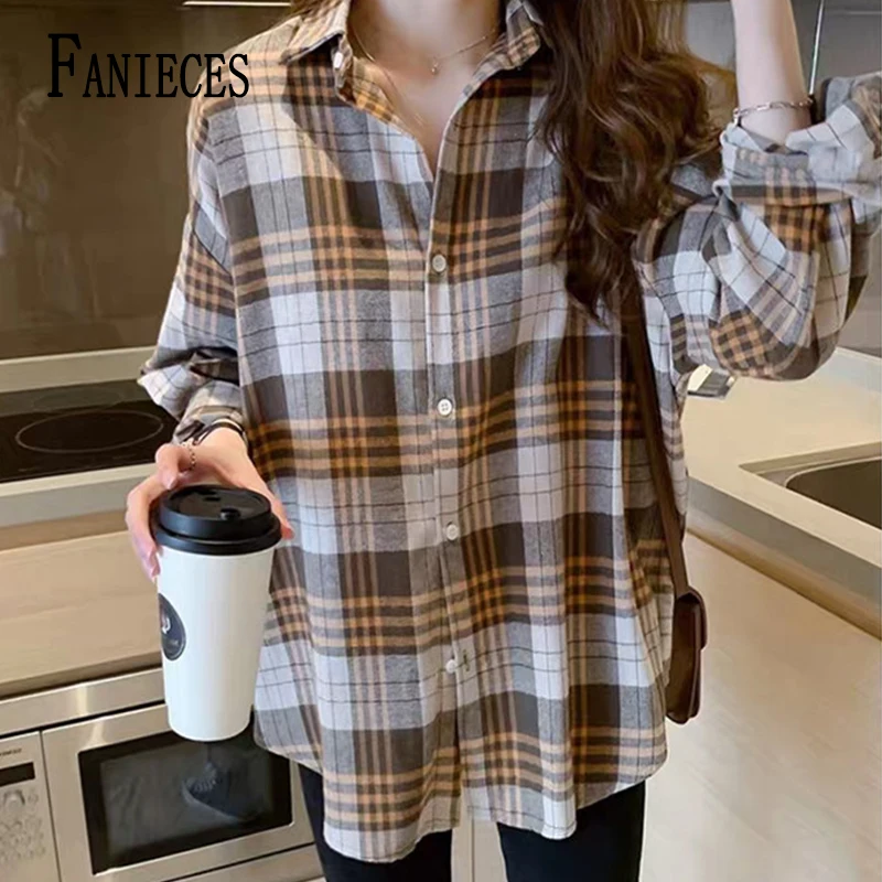 

Plaid Shirt Women 2025 Spring Long Sleeve Top Female Vintage Fashion Single Breasted Blouse Casual Loose Check Shirts camisas