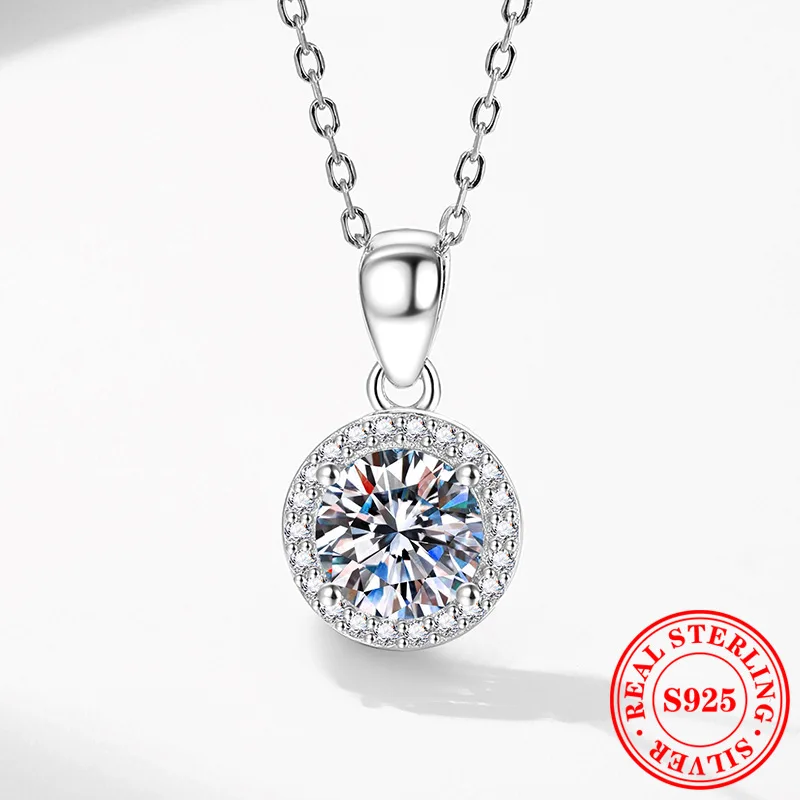 S925 sterling silver necklace simple round bag pendant necklace plated pt950 1 carat D color moissanite collarbone chain wholesa