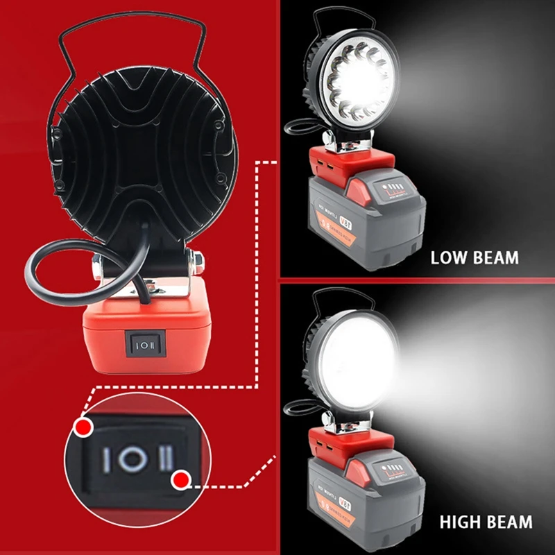 4Inch Car LED Work Light Flashlight Electric Torch Spotlight For Milwaukee M18 18V Li-Ion Battery USB USB Power Bank Red 1 PCS