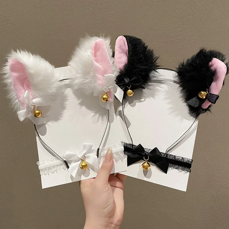 Diadema con orejas de gato para niña, collar de lazo de encaje, diadema de campana de felpa, accesorios para el cabello para disfraz de fiesta de Mascarada, Cosplay Sexy para mujer