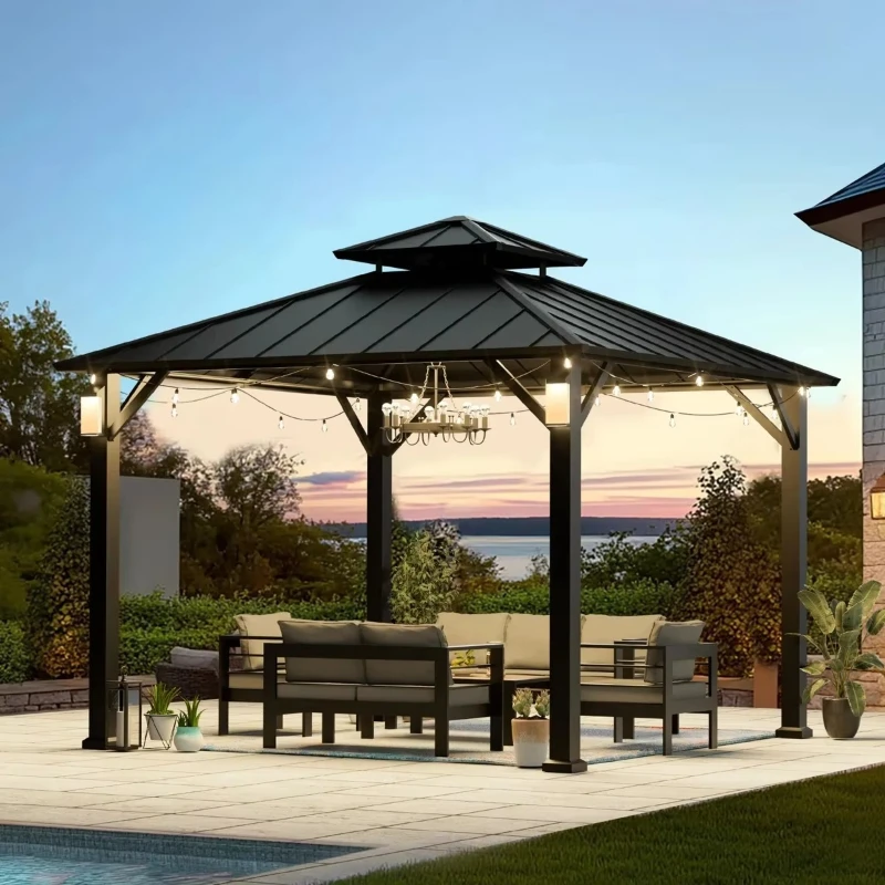 Heavy Duty Metal Hardtop Gazebo Galvanized Steel Roof Frame LED Lighted Waterproof Wind UV Resistant Outdoor Patio Pergol