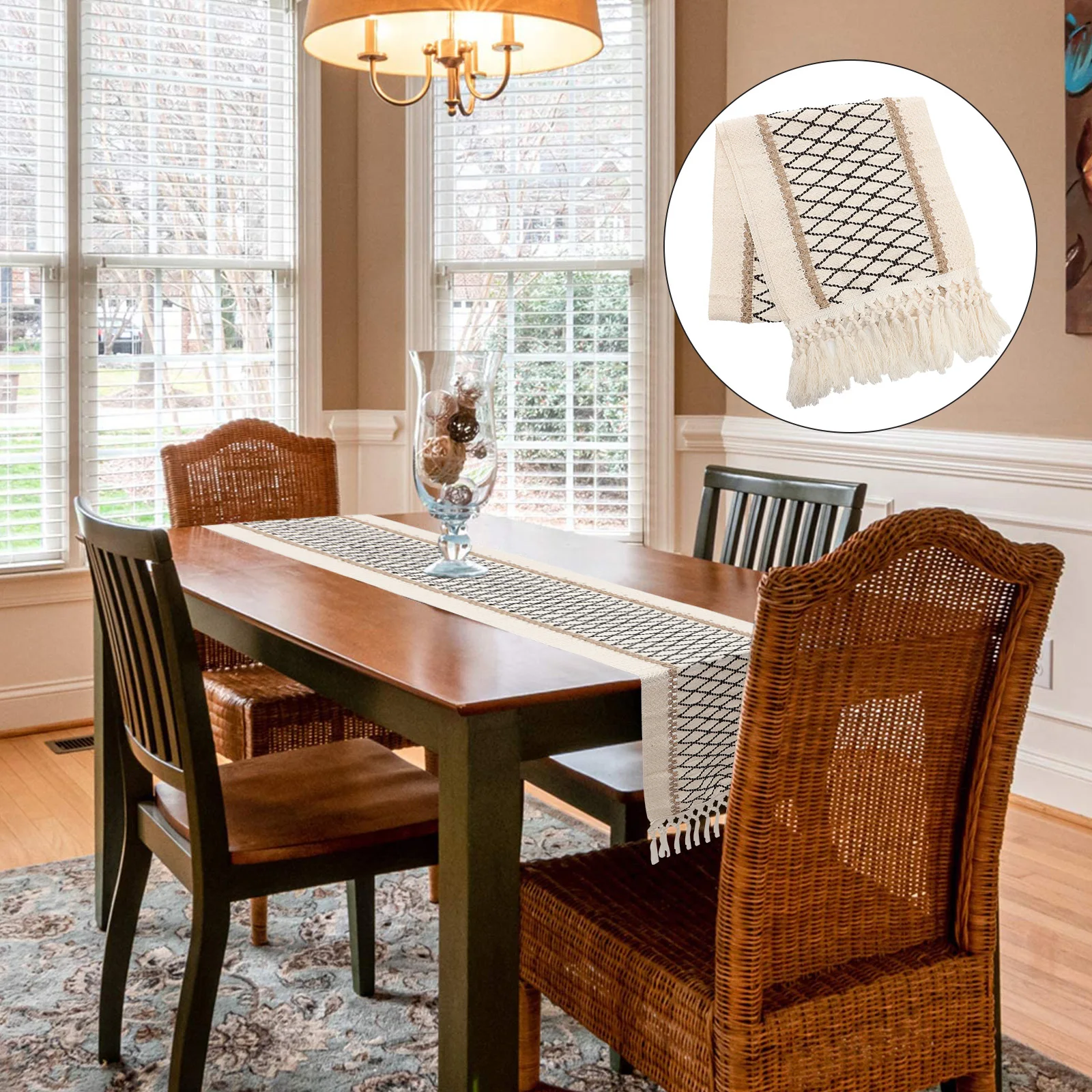 

Woven Cotton Linen Table Runner Tassel Decor Farmhouse Wedding Party Table Cover Home Decoration Cotton Linen Tablecloth