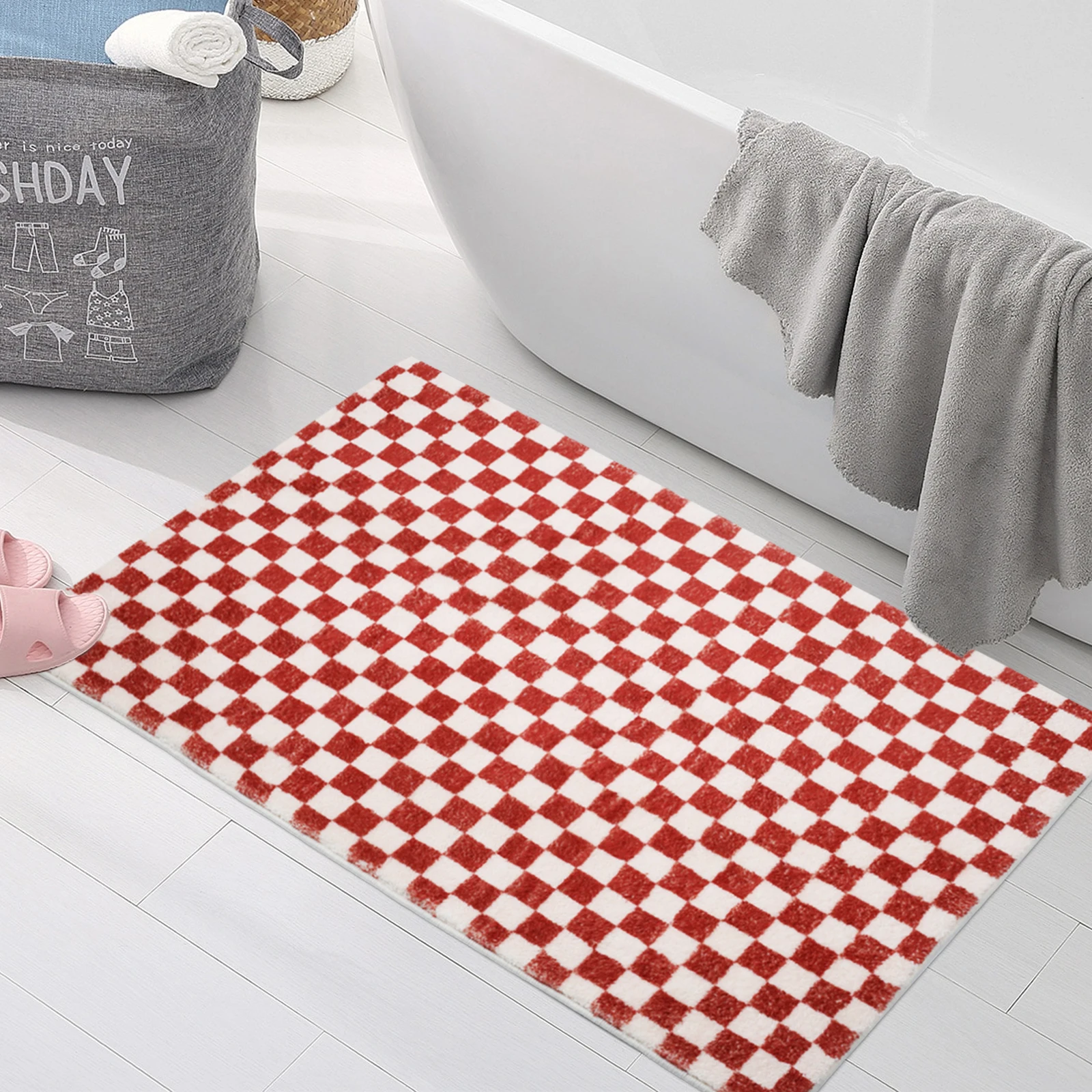 

Checkerboard Bath Mat Ultra-Absorbent Floor Mat Anti-Slip Door Rug Cute Decorative Bathtub Rug Soft Comfortable Bathroom Floor