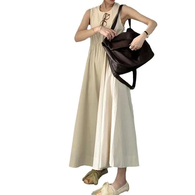 Ärmelloses Westenkleid für Damen, 2025, Sommer, Urlaub am Meer, Taille, kräuselt, Temperament, A-Linie, Strand, langer Rock