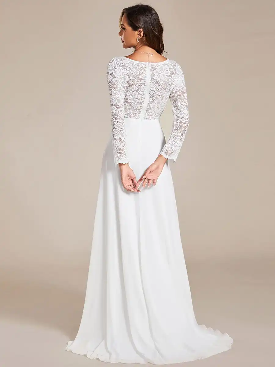 Eleganti abiti da sposa in pizzo cavo con scollo a v manica lunga lunghezza del pavimento 2024 baziingaaa di abiti da sposa bianchi a trapezio in pizzo