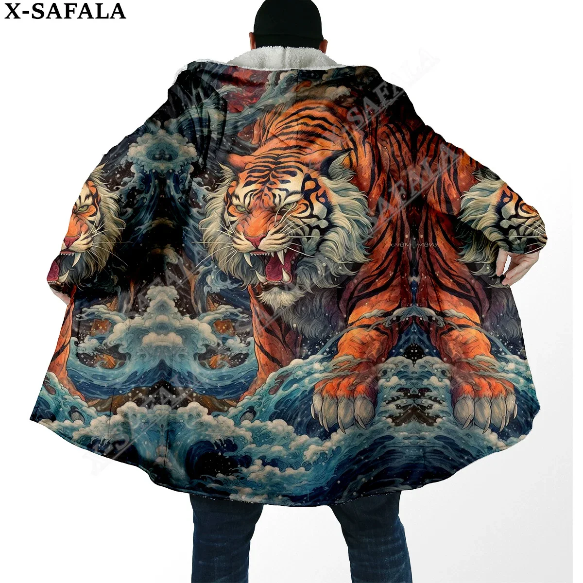 

The King White Tiger Skin 3D Print Dream Cloak Thick Warm Hooded Men Overcoat Coat Windproof Fleece Cape Robe Blanket-6