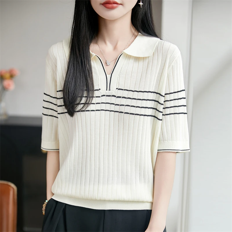 

Новая летняя женская трикотажная футболка-поло с коротким рукавом, полосатый женский пуловер с коротким рукавом, модная новинка, хит продаж