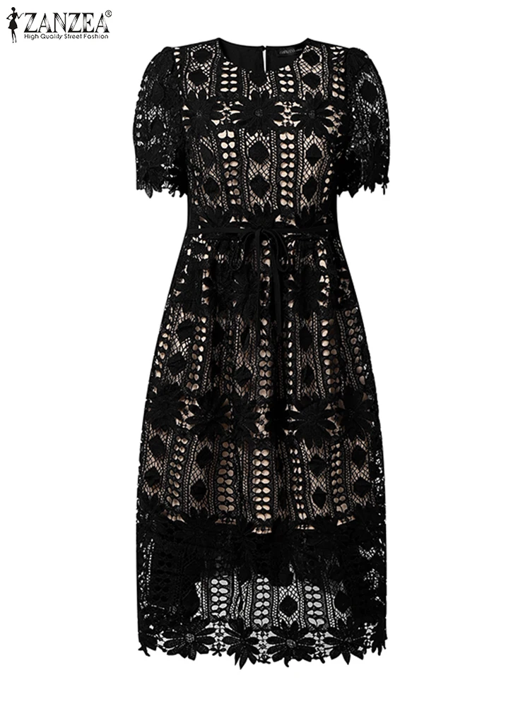 

Lace Office Work Dress Elegant Women Sundress Casual High Waist Robe Fashion Short Sleeve A-Line Party Vestido 2025 ZANZEA S-3XL