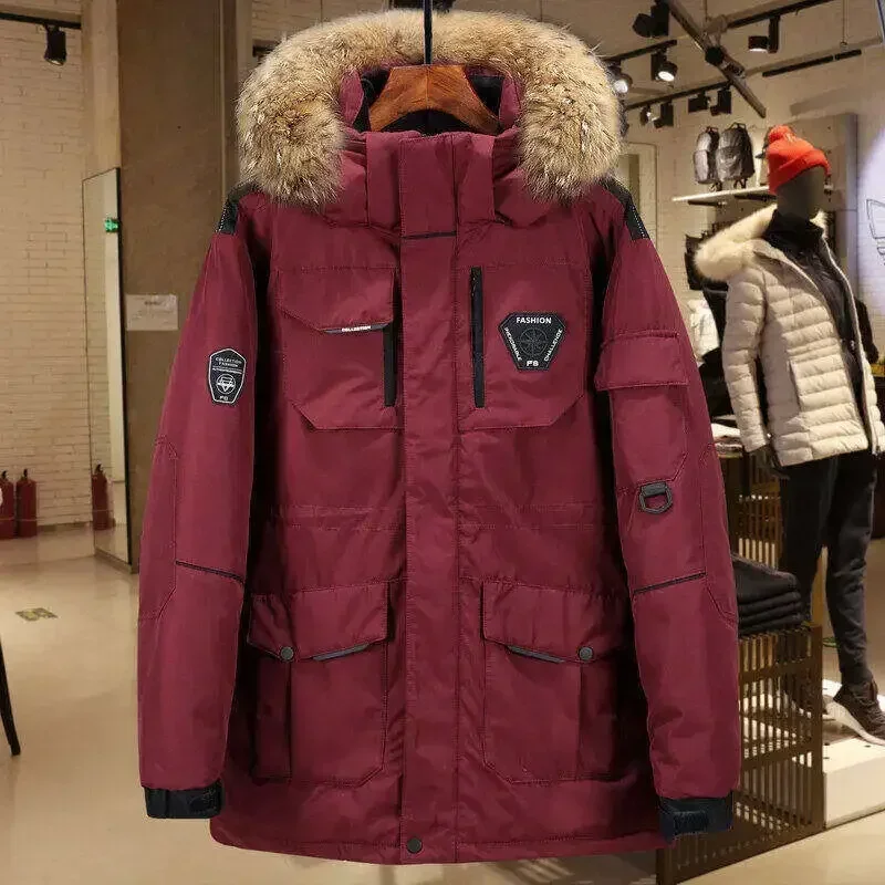 Chaqueta de plumón de pato con capucha para hombre, abrigo cálido con cuello de piel grande y grueso, Parka con bolsillo de nieve de calle, moda