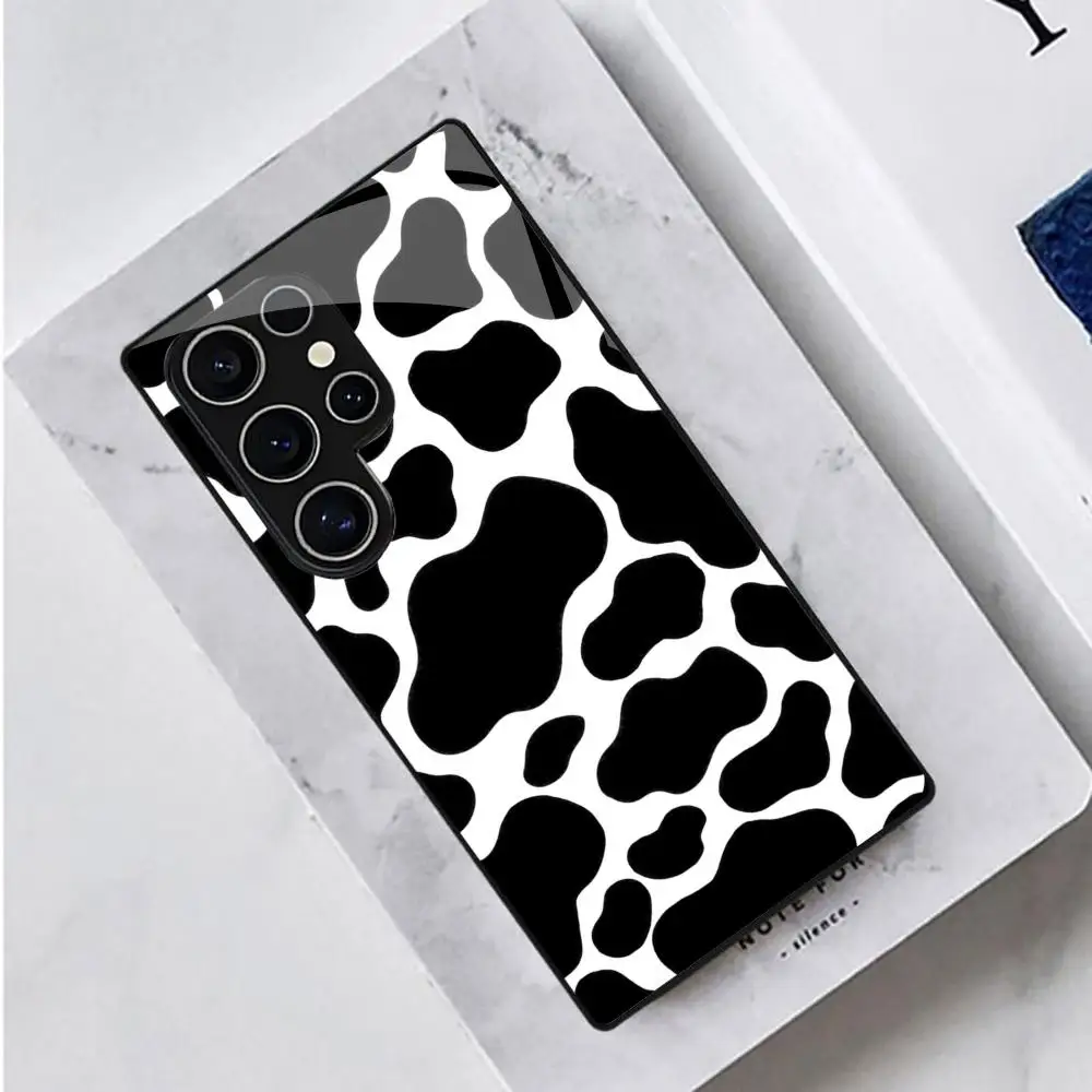 Cow Print Tempered Glass Phone Case For Samsung Galaxy S25 S24 S23 S22 S26 Ultra Plus FE Shockproof TPU Soft Frame Back Cover