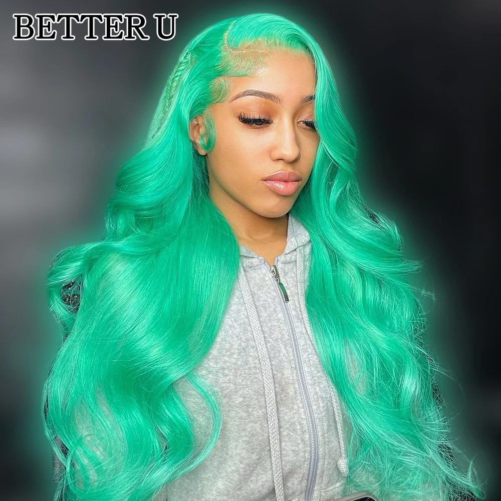 

Mint Green Colored Human Hair Wigs Body Wave 13x4 HD Lace Frontal Wig 30 Inch Straight Lace Front Wigs for Women Pre Plucked Wig