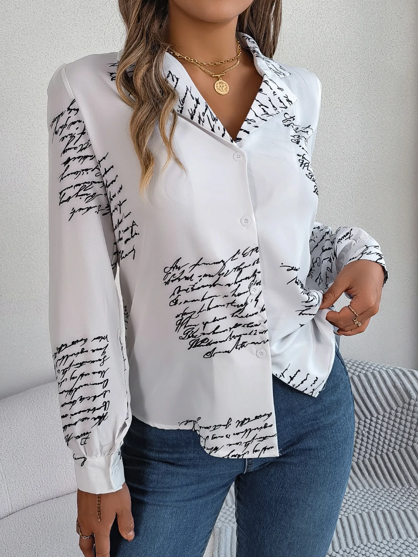 

Women's White Calligraphy Print Long Sleeve Button Shirt Casual Loose-Fit Office Daily Blouse 2026 New Fashion
