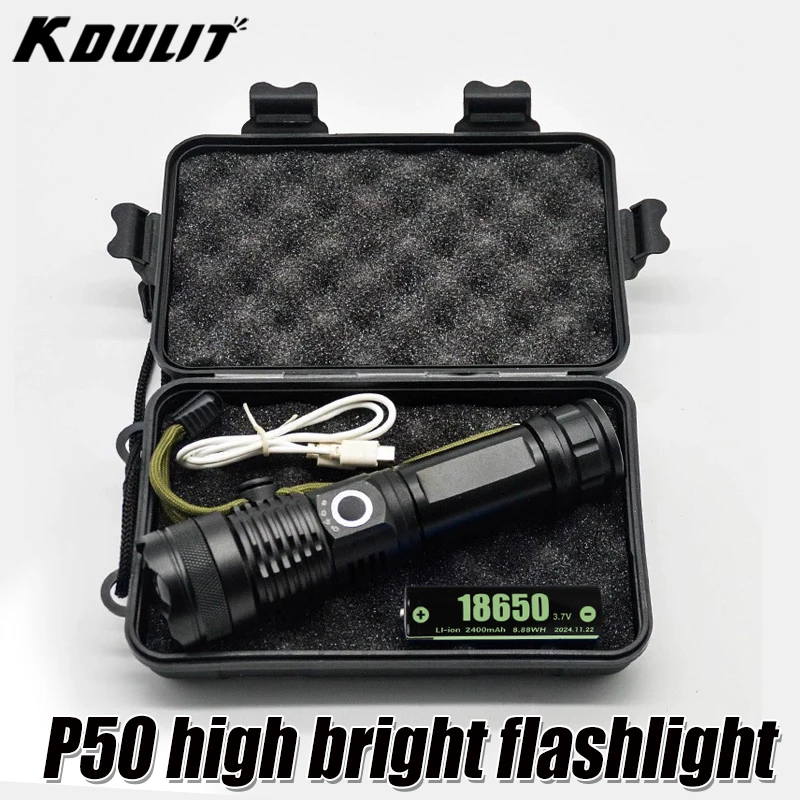 2000LM Tactical Flashlight, Zoomable, USB Rechargeable, IPX5 Waterproof, Aluminum Alloy, for Camping Hunting Fishing Emergency