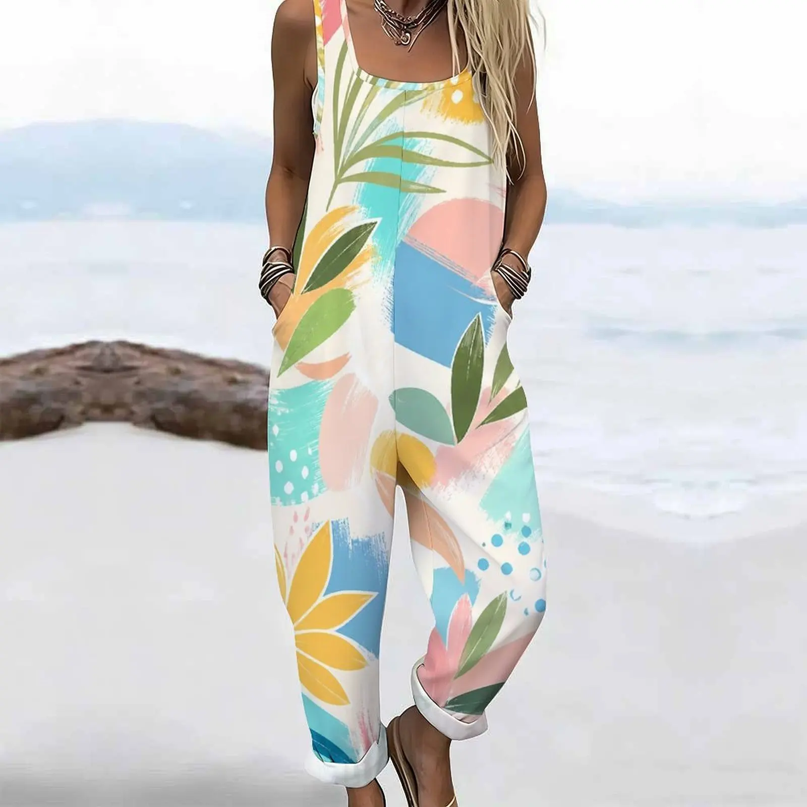 Women Printed Jumpsuit Square Neck Sleeveless Wide Straps Loose Fit Pockets Cuffed Ankle view 3