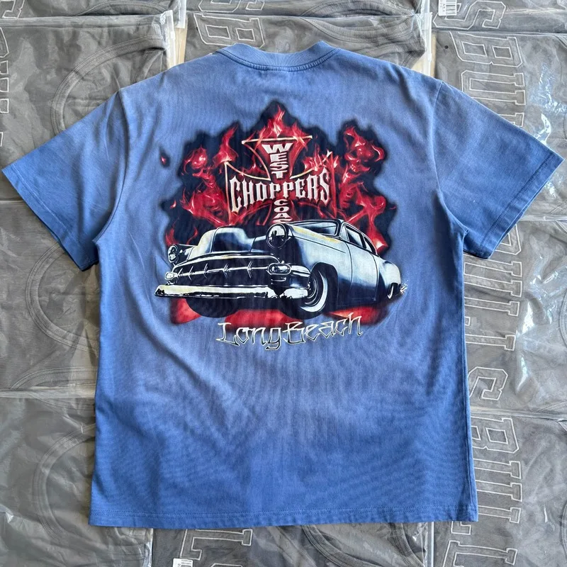 

Y2K Street Retro Flame Vintage Car Print West Coast T Shirt Washable Do Old Men's Women's Loose Hip Hop Short Sleeved T-shirt