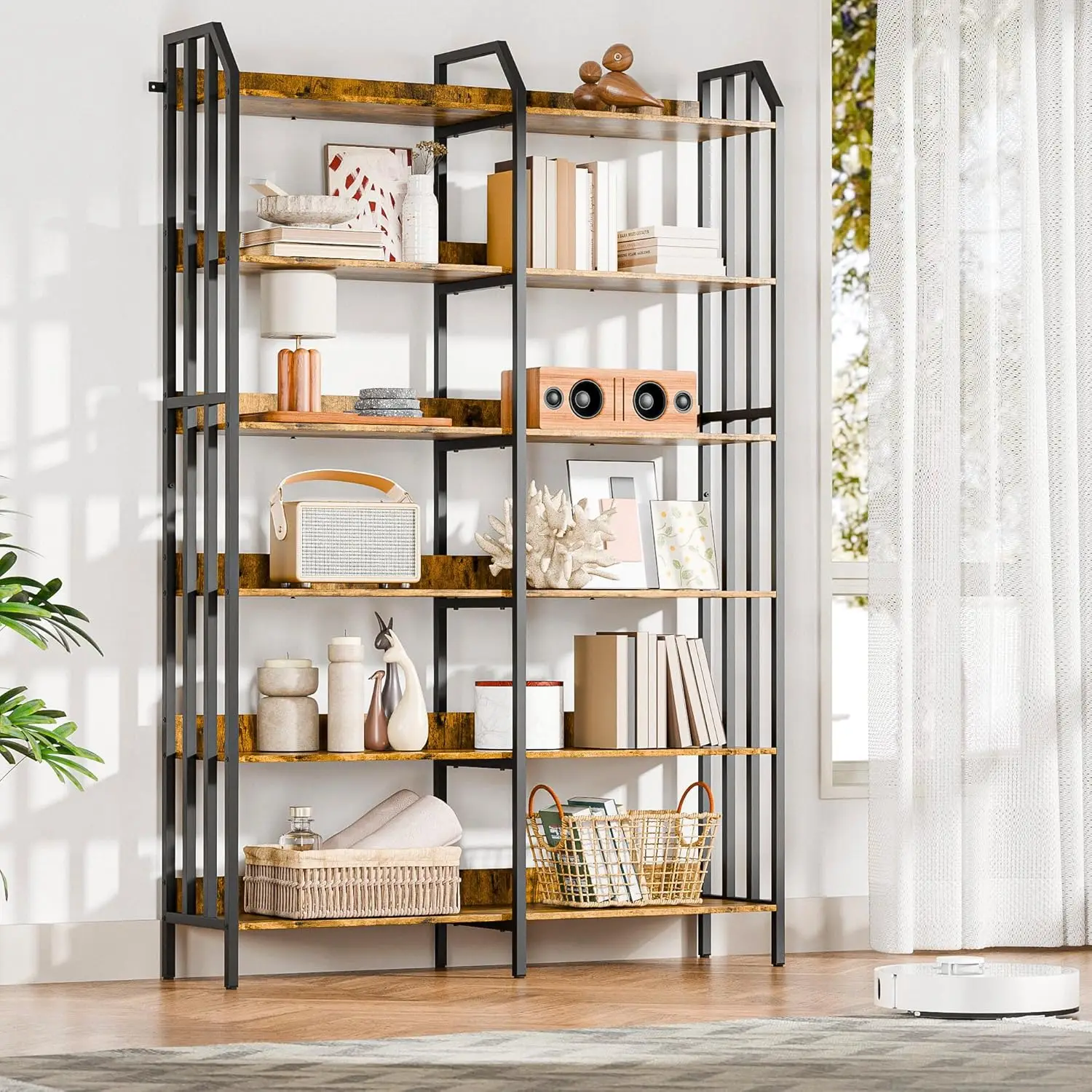 Bookshelf Double Wide 6 Tier, 70” Industrial Wooden Bookcase, Freestanding Book Shelf with Open Shelves, Wood and Metal Bo