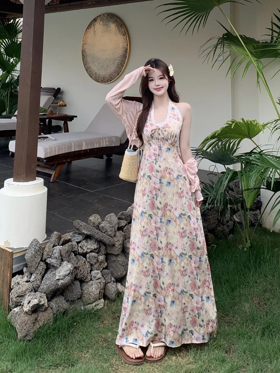 

plus Size Beautiful Floral Lace Cover up Dress Summer Vacation Sun Protection Slimming Long Sleeve Neck Hanging Gown