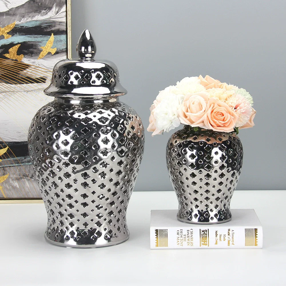 

28CM Silvery Ceramic Vase Ginger Jar with Lid Hollow Out Storage Jar Bud Vase Carved Lattice Temple Jar for Room Home Decorative