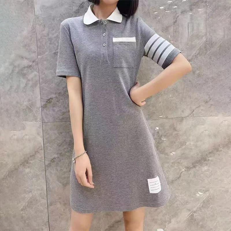 

2025 Fashion Woman Dress Summer Short sleeved Medium Dress POLO Collar Four stripes dog pattern shirt dress ladies clothes