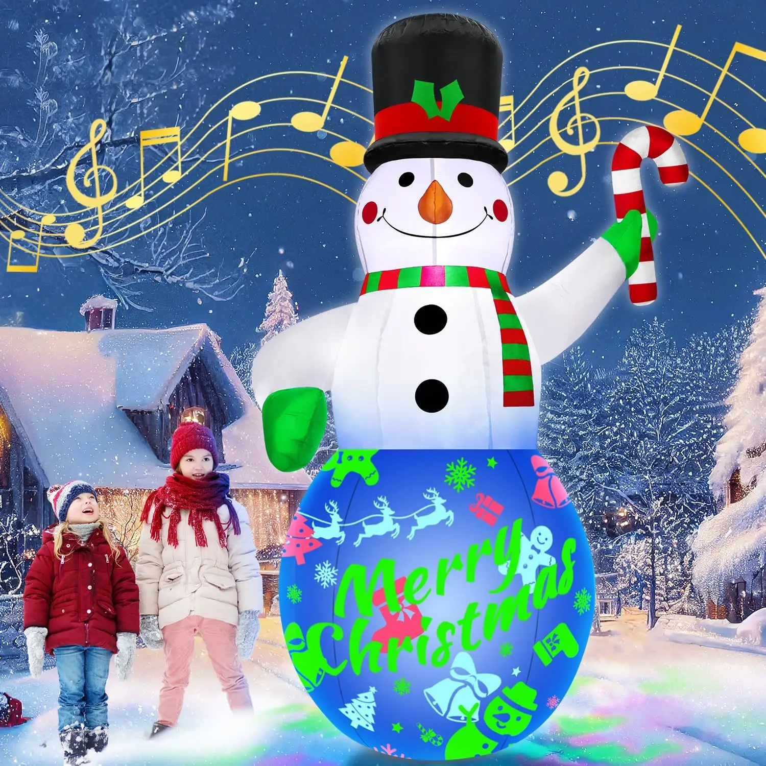 7FT Christmas Inflatable Snowman Outdoor Yard Decoration with Built-in Music Box, Rotating Colorful LED Lights, Blow Up Christmas Decoration for Holiday Party Xmas New Year