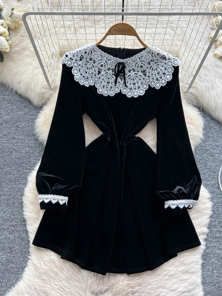 

Retro Hepburn Sle Long Sve Velvet Dr Women's Bla Gown High Waist Lace Trim Patchwork A-Line Skirt Ci Commute